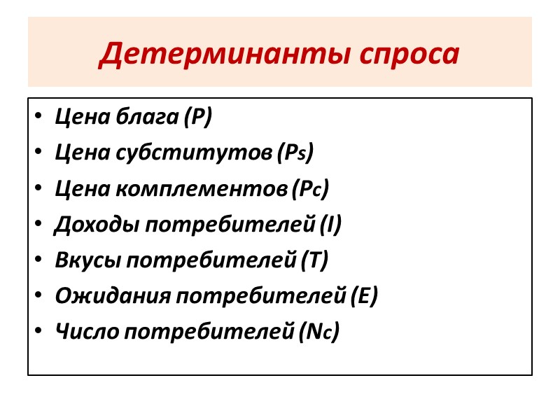 Детерминанты спроса Цена блага (Р) Цена субститутов (Рs) Цена комплементов (Рc) Доходы потребителей (I)